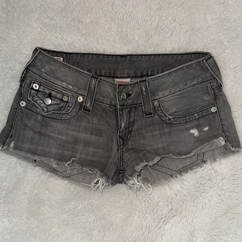 Super Cute True Religion Charcoal Distressed Jean Shorts